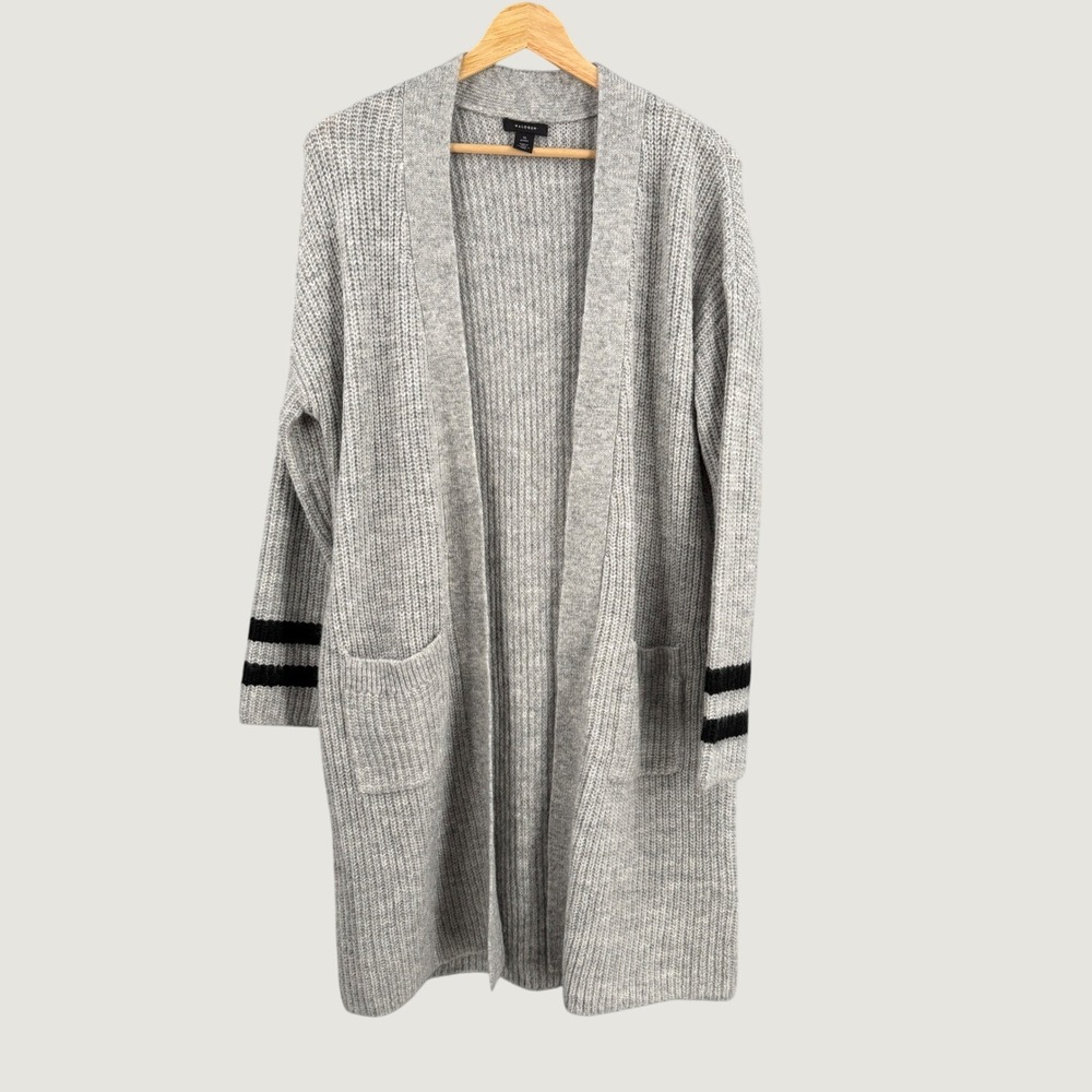Halogen Gray Long Open‎ Front Cardigan M Petite Wool Yak Blend Duster Varsity